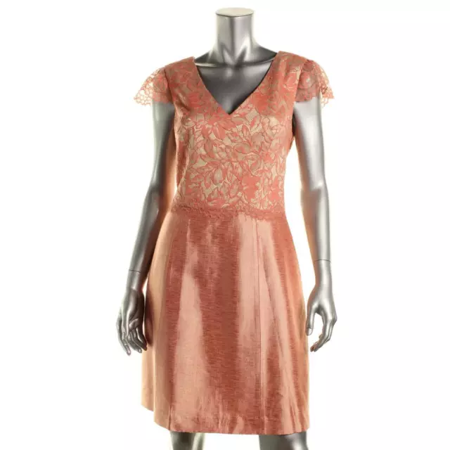 $500 Kay Unger New York Coral Multi Lace Overlay Sheath Cocktail Dress Sz 8