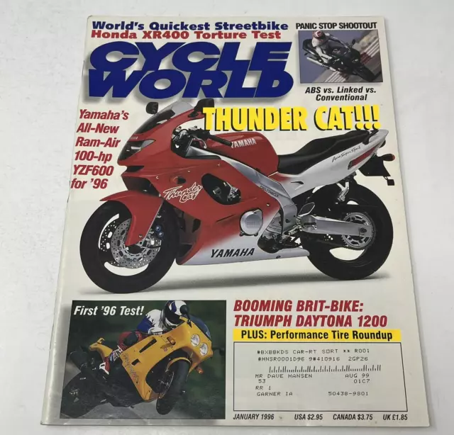 1996 Cycle World Magazine Motorcycle Honda XR400 Yamaha YZF600 Thunder Cat Jan