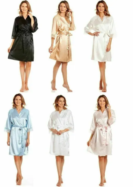 Womens Girls Satin Kimono Night Gown Robe Sleepwear Lace Detail Lingerie N48 NEW