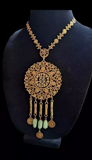 VTG Goldette Huge Asian Medallion Jade Glass Tassel Drop Pendant Necklace EUC!