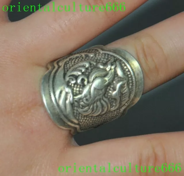 Collect Old China Miao Silver chicken Rooster exorcism Lucky Hand Jewelry Ring 2
