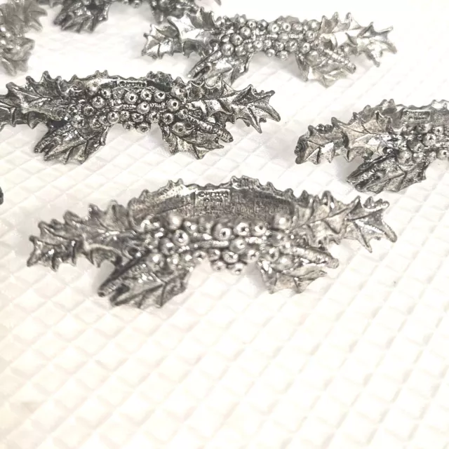 Vtg Metzke Pewter Napkin Ring Holders Holly Berries USA 1990 Set Of 8