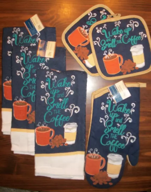 6pc Set 3 Kitchen Towels, 2 Potholders, 1 Mitt "Wake Up & Smell the Coffee" BLUE