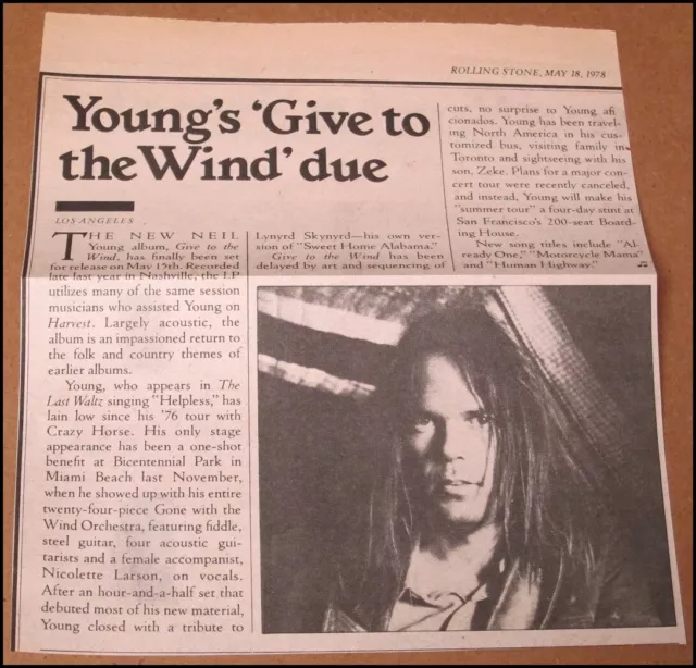 1978 Neil Young Rolling Stone Newspaper Article Clipping Give To The Wind Album