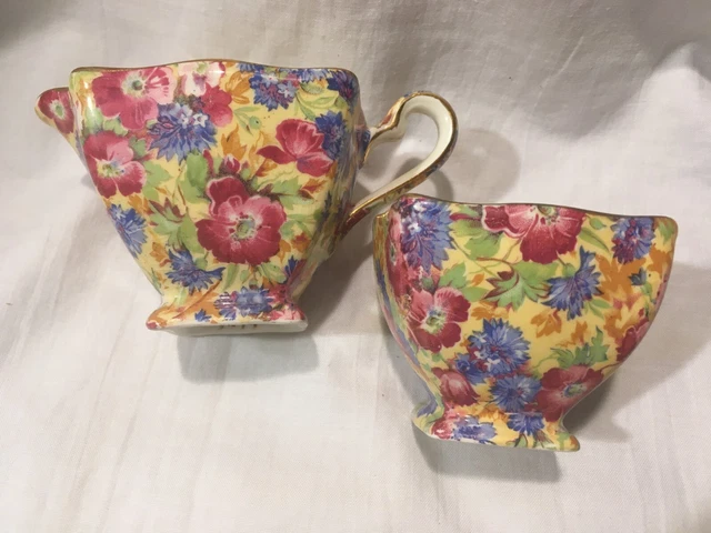 Royal Winton Grimwades Open Sugar Creamer Chintz Floral England Gold Edges  2