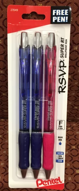 Pentel 2 Pack RSVP Super RT Ballpoint Pen 0.7mm Fine-BLUE INK w/ FREE PEN