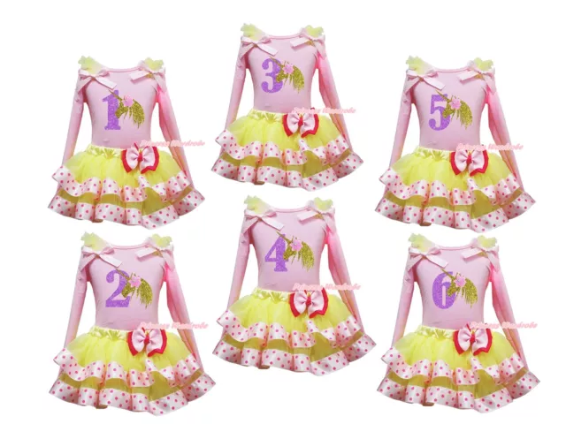 1st 2nd 3rd Unicorn Pink Top Yellow Pink Dots Satin Trim Skirt Girl Outfit NB-8Y