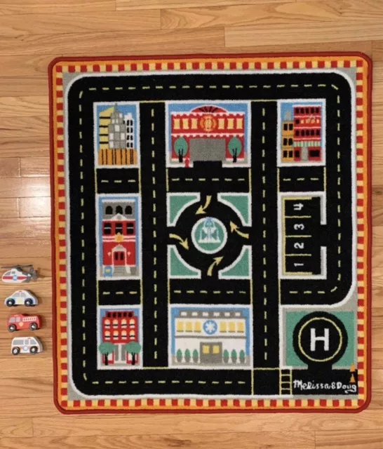 Melissa & Doug Round The City Rescue Car Road Rug With 4 Wooden Vehicles