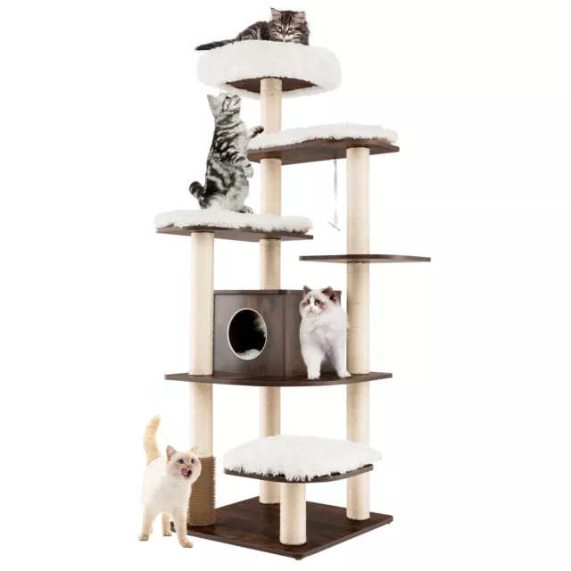 Wooden Cat Tower Large Modern Cat Tree Tower Multi-level Cat Play Center Indoor