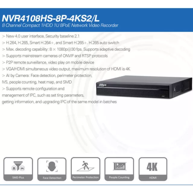 Dahua 8CH POE NVR Recorder Lite For Security Camera DHI-NVR4108HS-8P-4KS2/L 2