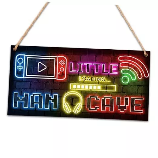 Little Man Cave Sign, 6x12" Neon Video Gamer Wooden Door Sign for Little Boy