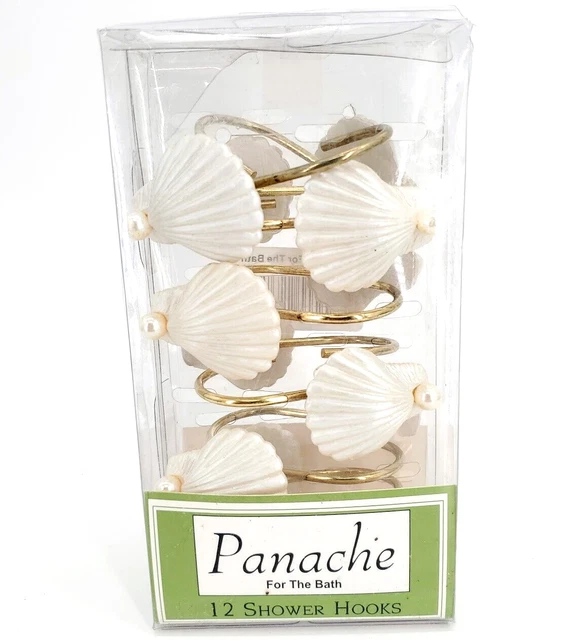 Panache For The Bath 12 Shower Hooks White Fan Sea Shell Clam Pearl Gold NEW
