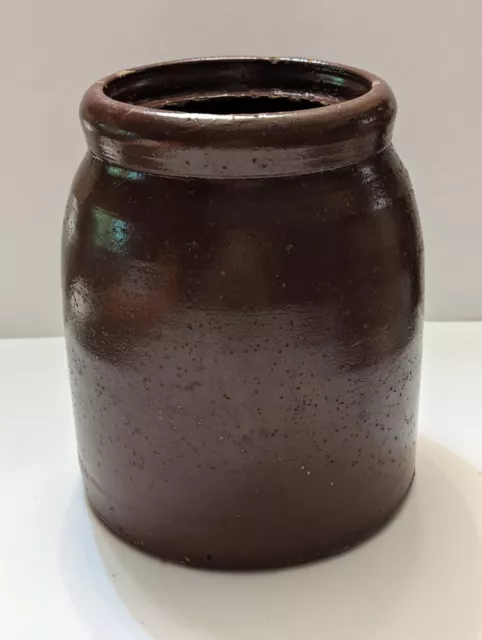 Antique Primitive Dark Brown Salt Glazed Stoneware Crock 7" Diameter 8.25" Tall