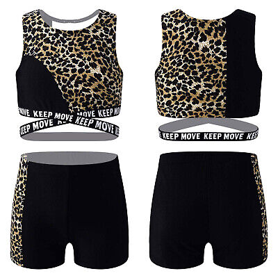 Kids Girls Gym Dance Sport Suit Activewear Cross Sash Crop Vest and Shorts Set