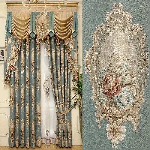 European Embroidery Curtains for Thick Chenille Blackout Jacquard Embossed Tulle