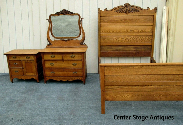 62601   Antique Victorian Oak Bedroom Set Full Bed Dresser w/ mirror + Washstand