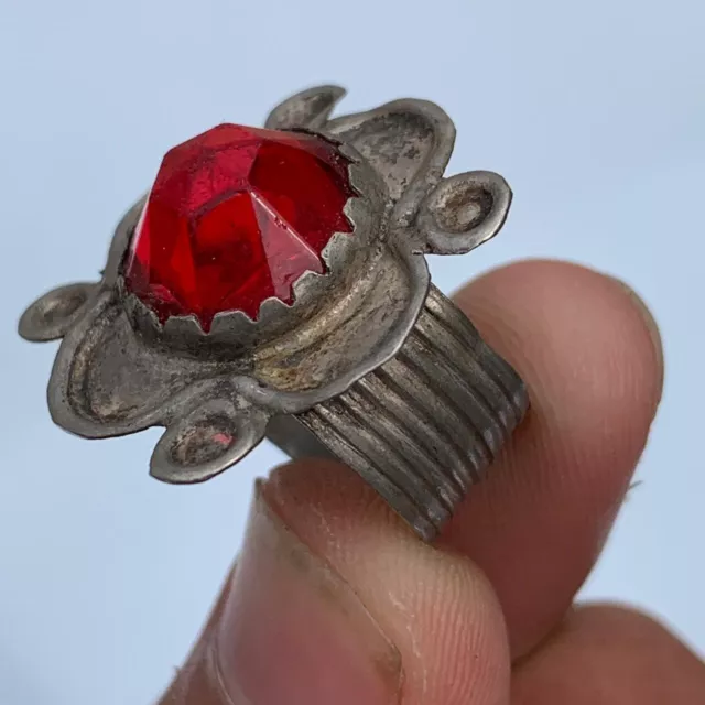 Very Rare Ancient Silver Viking Ring With Red Stone Amazing Artifact Authentic