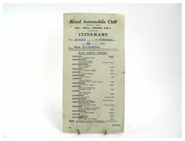 Vintage Royal Automobile Club RAC Itinerary route map Mirfield to Withernsea