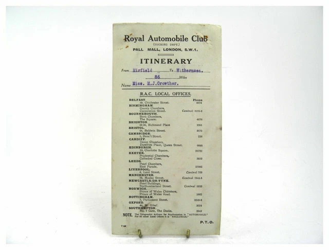 Vintage Royal Automobile Club RAC Itinerary route map Mirfield to Withernsea
