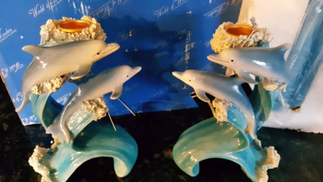 DWK Resin Dolphins on a Wave Candle Holders Set of Two w/ matching candles