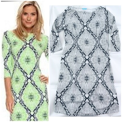 J McLaughlin Sz S Mari Sheath Shift Dress Catalina Cloth Gray White Damask Print