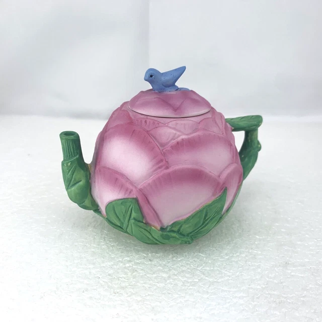 1995 Avon Small Teapot Pink Peony Flower Blue Bird Trinket Box, Vintage