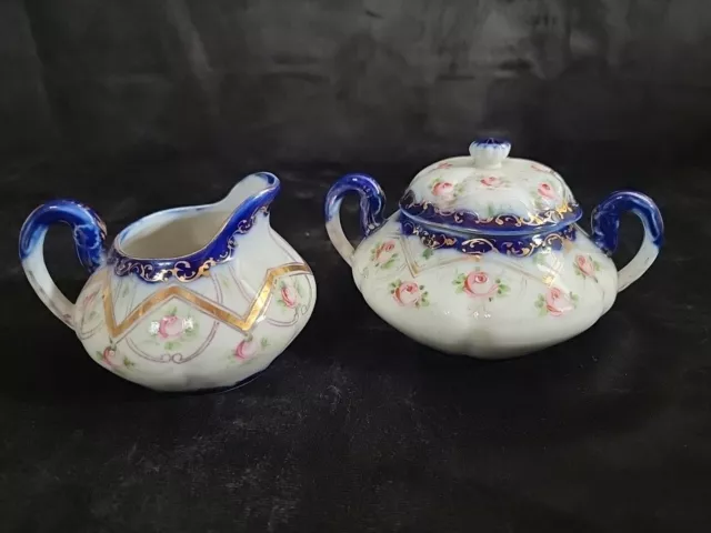 Nippon Hand Painted Pink Rose Floral Cobalt & Gold Scrollwork Creamer & Sugar