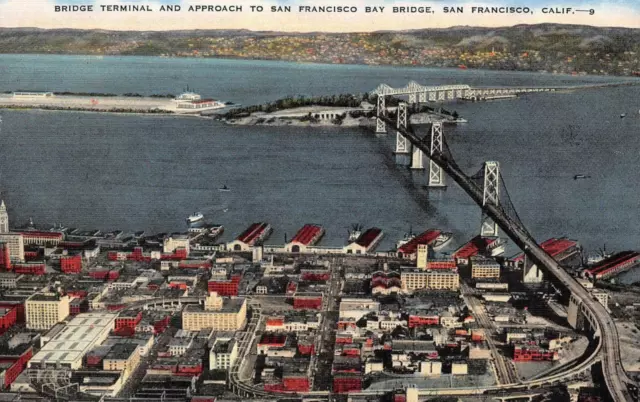 Bridge Terminal SAN FRANCISCO, CA Bay Bridge c1930s Vintage Linen Postcard