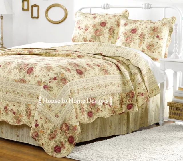 ANTIQUE ROSE King 5pc QUILT SET : CHIC CREAM SHABBY VINTAGE COTTAGE ROSES