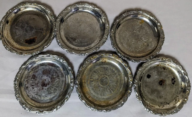 Set Of 6 Silver Plated Stainless Steel Etched 4" Coasters EF