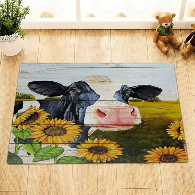 Watercolor Farm Cow Sunflowers Floor Rug Non-skid Door Bath Mat Decor Carpet