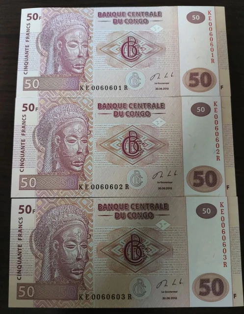 Serie 3 billets Congo 50 francs  numeros se suivent UNC a saisir!