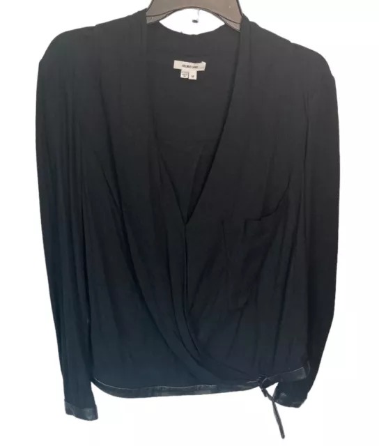 Helmut Lang Faux Wrap Blouse Leather Trim Black Size Medium