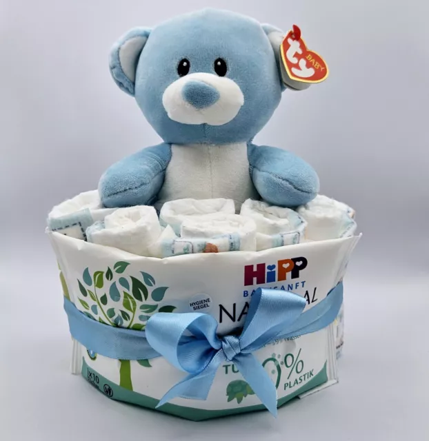 Windeltorte für Junge blau mit Teddy Kuscheltier für Baby Geschenk zur Geburt