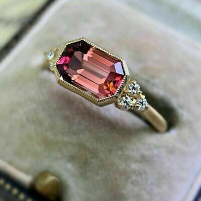 2Ct Emerald Cut Lab Created Ruby Engagement Ring 14K Yellow Gold Plated Silver