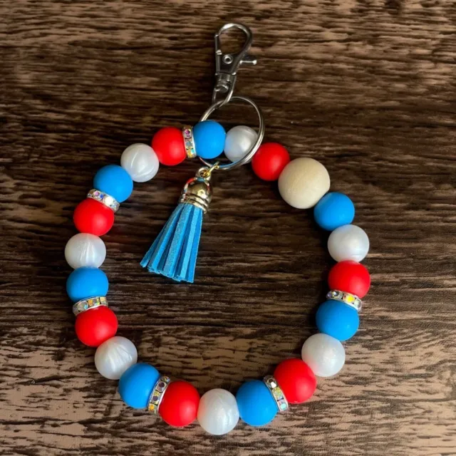 Wristlet Keychain Silicone Beaded Handmade Bracelet America Flag Gift Custom Key