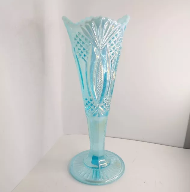 Vtg Mosser Aqua Blue Carnival Opalescent Fluted Vase Diamond Cut Glass 10"