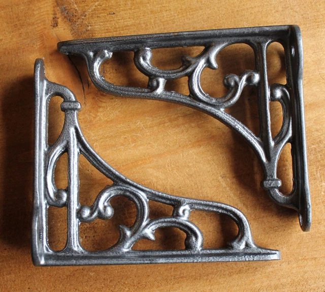 Pair PEWTER 4" SMALL ANTIQUE VINTAGE CAST IRON VICTORIAN SHELF BRACKETS BR04px2