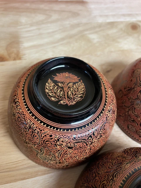 SET OF 3 Burmese Lacquer Bowls Cups Hand Painted Lacquerware Asian Myanmar 9