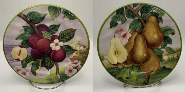 2 -VILLA d'ESTE Hand Decorated in Italy Fruit Plates 8" Pears Plums