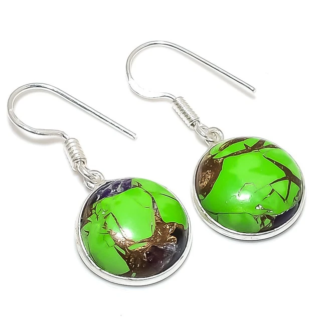 Copper Green Turquoise Gemstone 925 Sterling Silver Jewelry Earring 1.42" q871