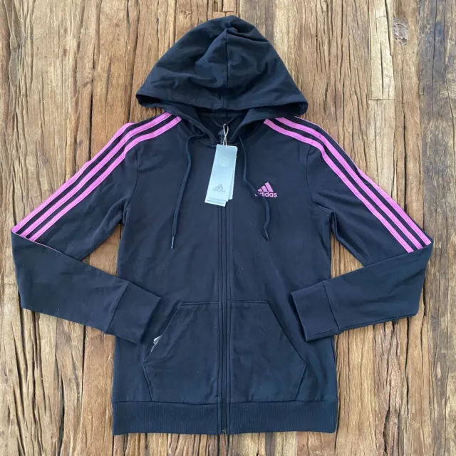 Adidas Track Jacket Women XS Black and Pink 3 Striped Hoodie With Pockets NEW