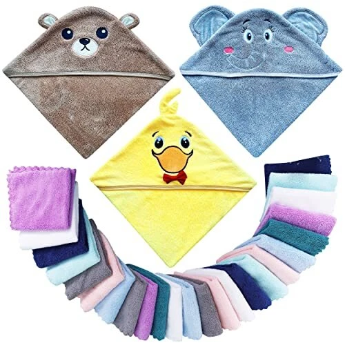 3 Pack Baby Hooded Bath Towel with 24 Count Washcloth Sets for Newborns