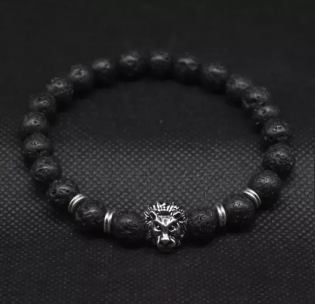 Fashion Men's Black Lava Stone Silver Lion Beaded Charm Bracelet LOWER PRICE