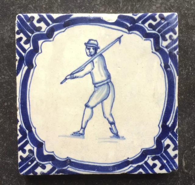 Antique Rare Dutch Delft Tile Skater + Ice-Rescue Stick Wan-Li Circa 1625