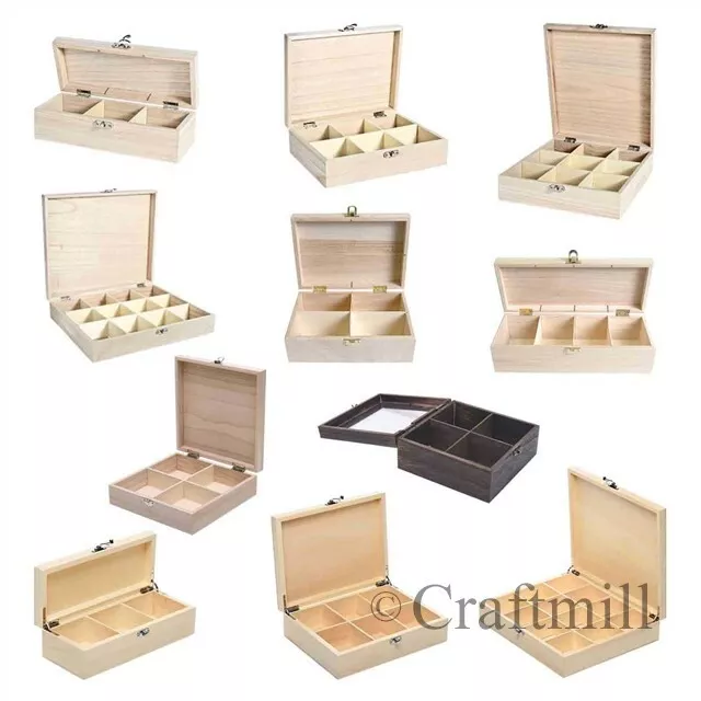 Plain wooden storage boxes, compartments - beads jewellery, tea, fishing tackle