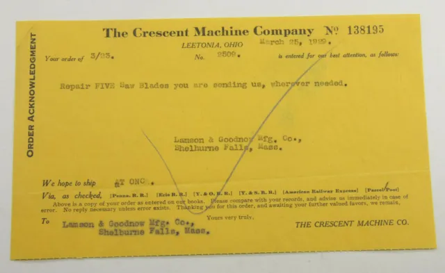 1929 Lamson Goodnow Crescent Machine Co Leetonia OH Saw Blade Ephemera L956G