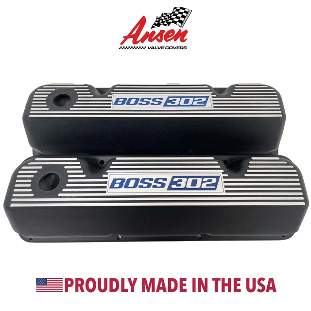 Ford 351 Cleveland BOSS 302 Black Finned Valve Covers - Custom Blue Logo