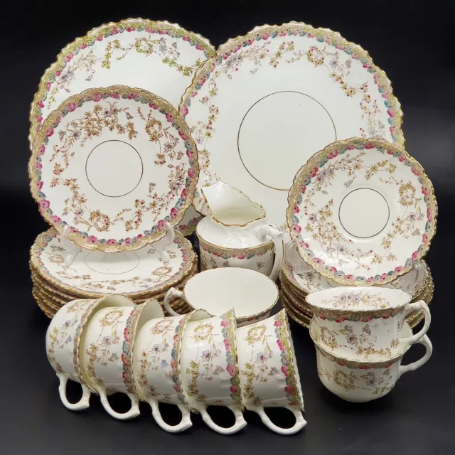 Antique China Tea Set 19th Century Floral Cup And Saucer Trios Cake Plates