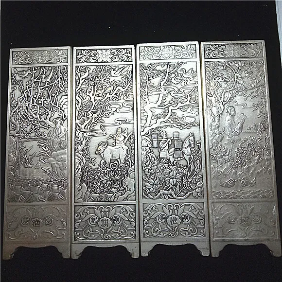 4 pcs old China tibet Silver token Fengshui  Collection 读渔樵耕 statue